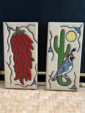 Set of 2 Southwestern Art Ceramic Tiles Chili Peppers Quail Cactus Wall Decor